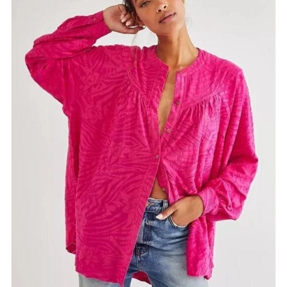 XS Free People Can’t Stop Dreaming Tunic Shirt Pink Oversized Button Up Top Boho - Picture 1 of 8